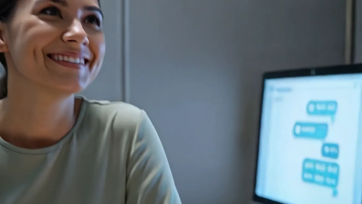Atendente sorrindo enquanto o agente de IA responde no painel ao lado