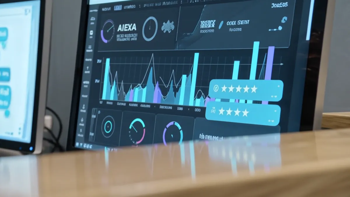 Painel analítico em modo escuro com gráficos e avaliações